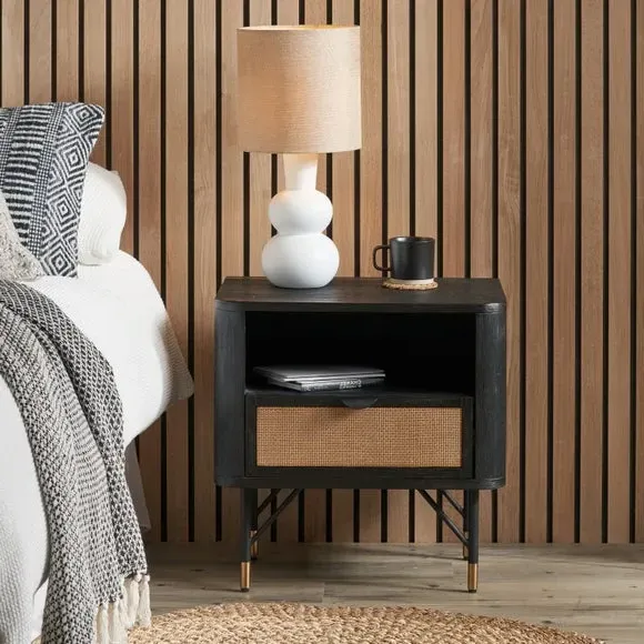 Bedside Table with Drawer - Black, Acacia Wood