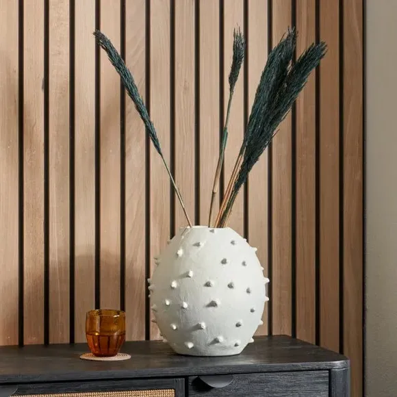 Bobble Vase with Textured Design - White, Metal