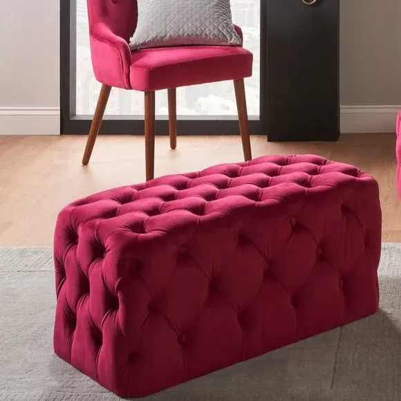 Buttoned Ottoman - Raspberry, Velvet
