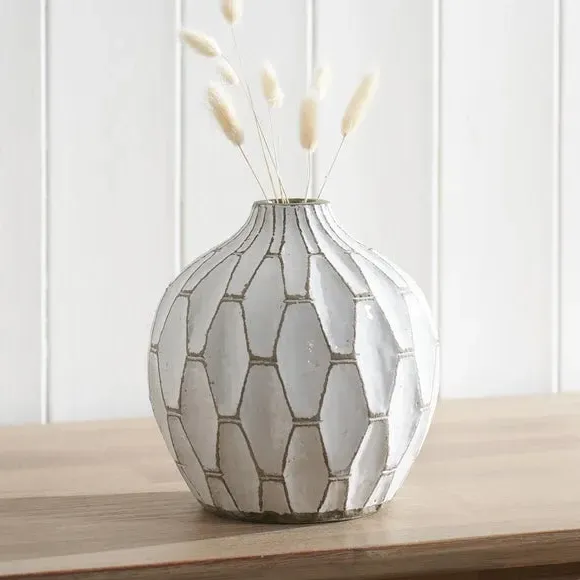 Geometric Vase with Distressed Finish - White image