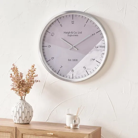 Geometric Wall Clock - Silver, Marble Print