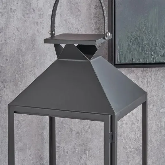 Glass Lantern with Candle Holder - Black, Metal