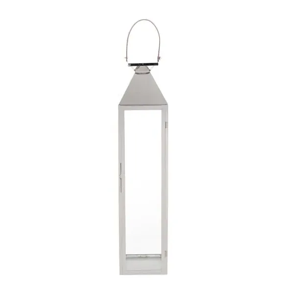 Glass Lantern with Candle Holder - Silver, Metal