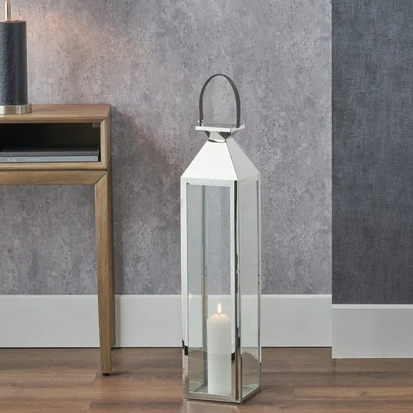 Glass Lantern with Candle Holder - Silver, Metal