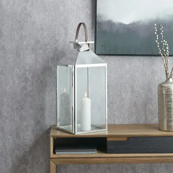Glass Lantern with Candle Holder - Silver, Metal