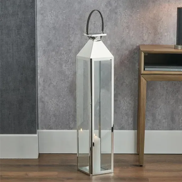 Glass Lantern with Candle Holder - Silver, Metal