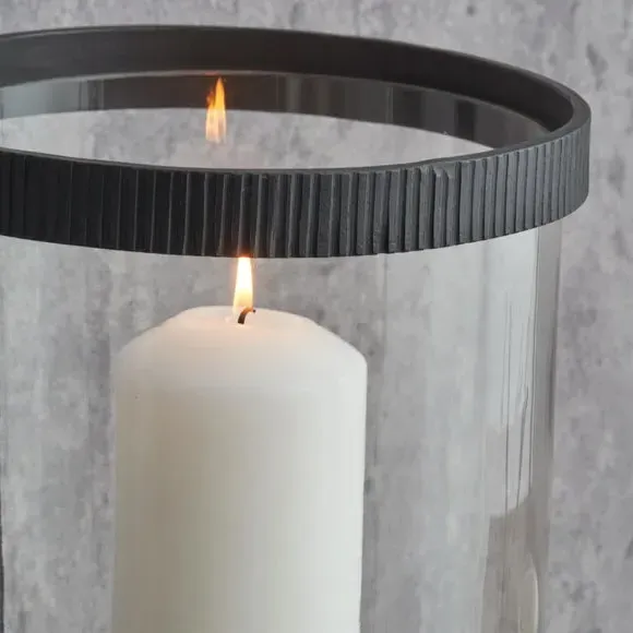 Hurricane Candle Holder with Ribbed Detail - Black