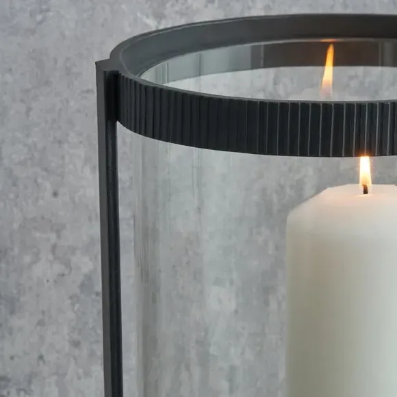 Hurricane Candle Holder with Ribbed Detail - Black
