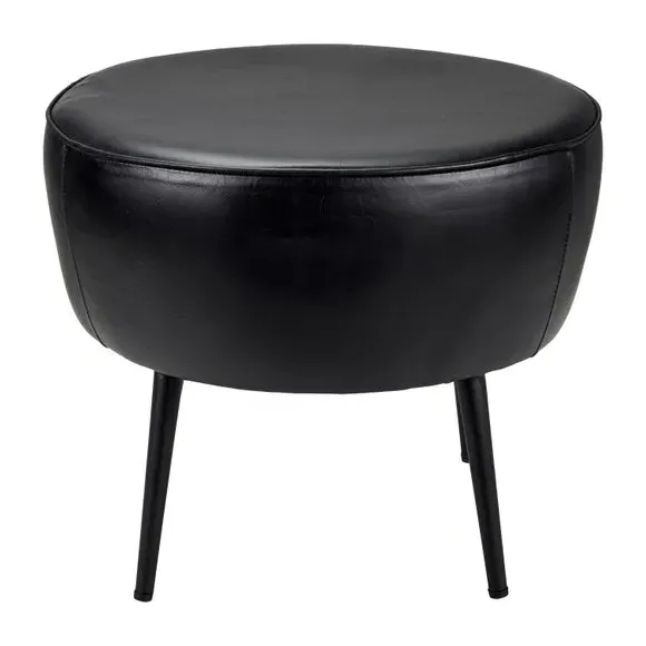 Leather Footstool with Iron Legs - Dark Grey