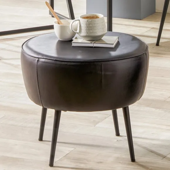 Leather Footstool with Iron Legs - Dark Grey