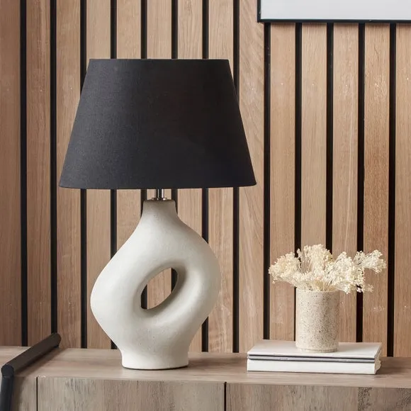 Organic Table Lamp with Linen Shade - Cream, Ceramic image