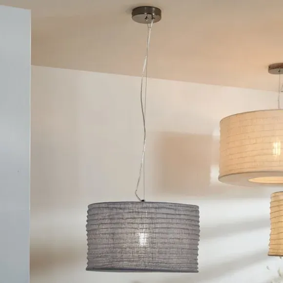 Pendant Light Shade with Metal Ribbing - Grey, Jute image