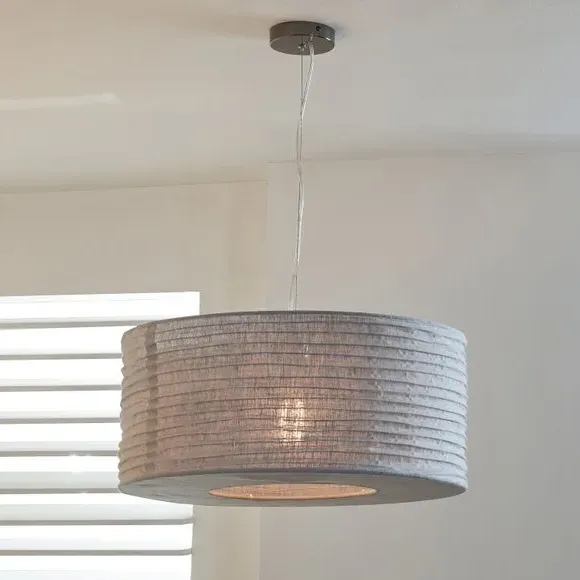 Pendant Light Shade with Metal Ribbing - Grey, Jute