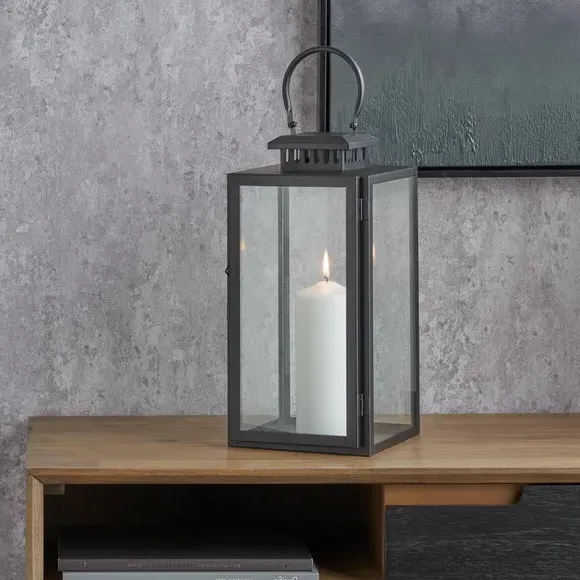 Rectangular Lantern with Glass Panels - Black, Metal image