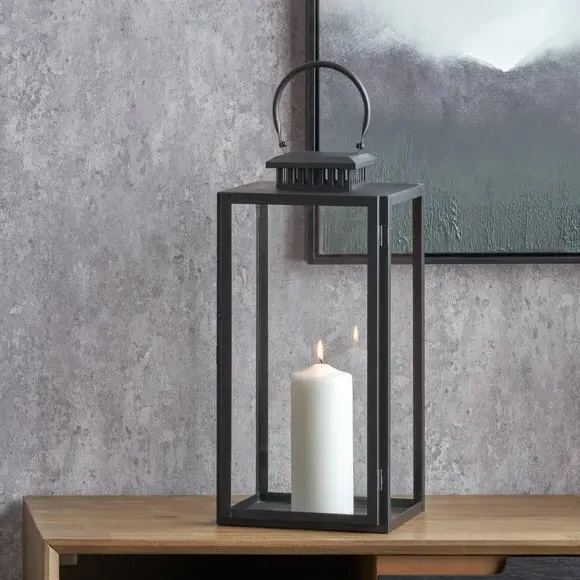 Rectangular Lantern with Glass Panels - Black, Metal