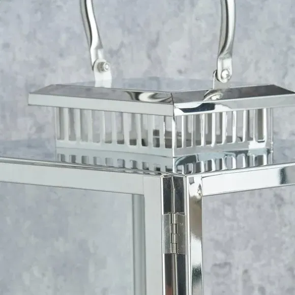 Rectangular Lantern with Glass Panels - Silver, Metal