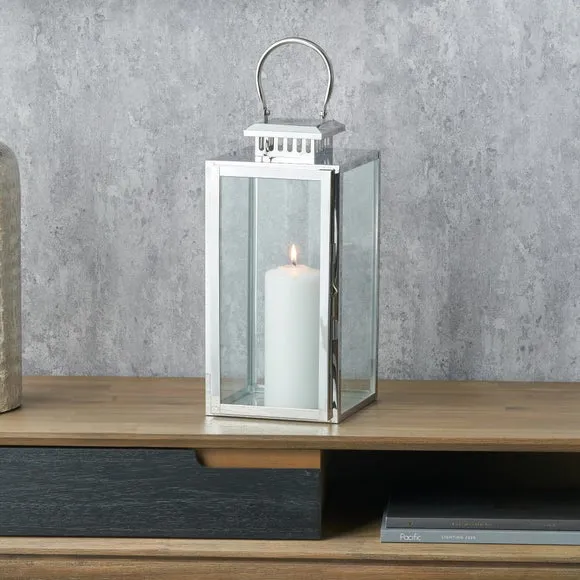 Rectangular Lantern with Glass Panels - Silver, Metal
