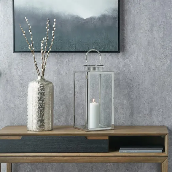 Rectangular Lantern with Glass Panels - Silver, Metal