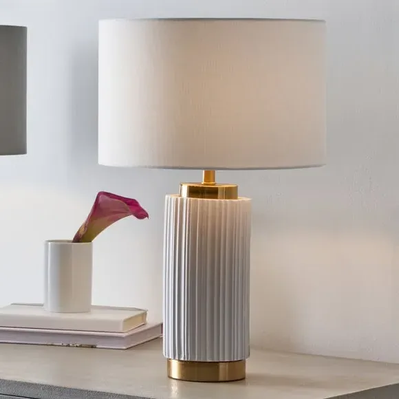 Ribbed Table Lamp with Fabric Shade - White, Ceramic image