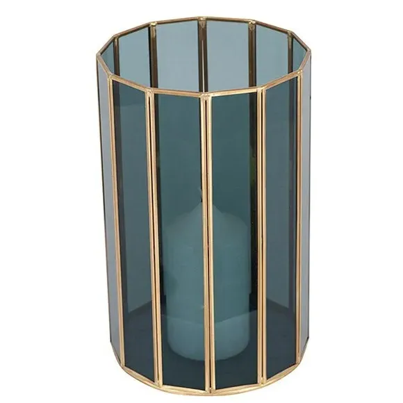 Round Hurricane Candle Holder - Brass, Glass