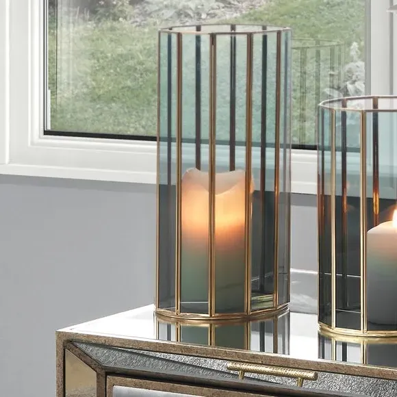 Round Hurricane Candle Holder - Brass, Glass