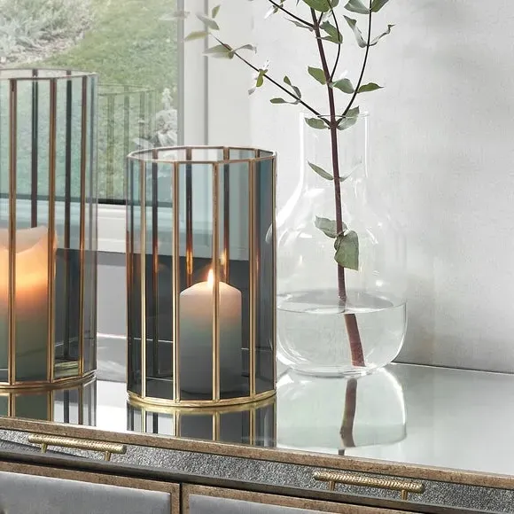 Round Hurricane Candle Holder - Brass, Glass image