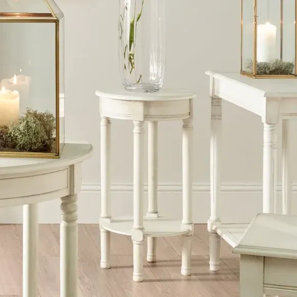 Round Side Table with Shelf - White, Pine