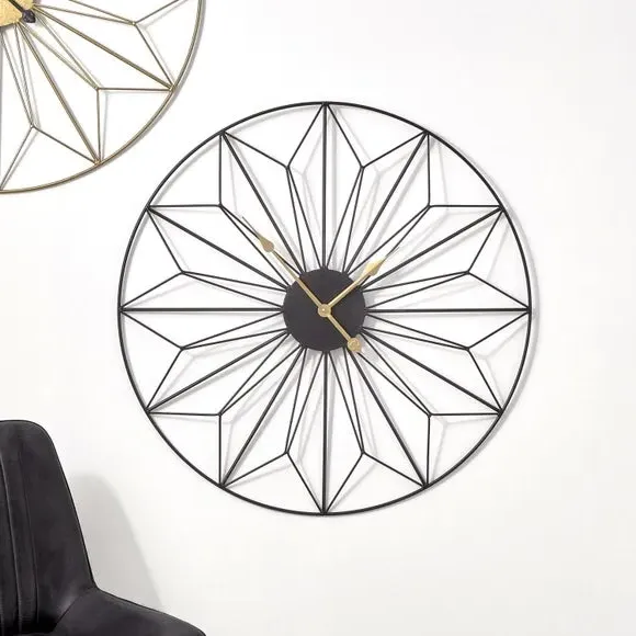 Round Wall Clock Geometric Design - Black, Metal