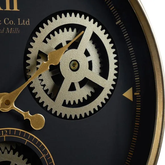 Round Wall Clock with Cog Details - Black, Metal