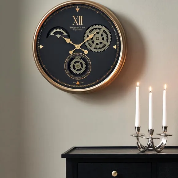 Round Wall Clock with Cog Details - Black, Metal