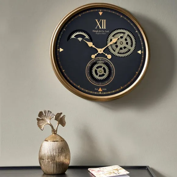 Round Wall Clock with Cog Details - Black, Metal image