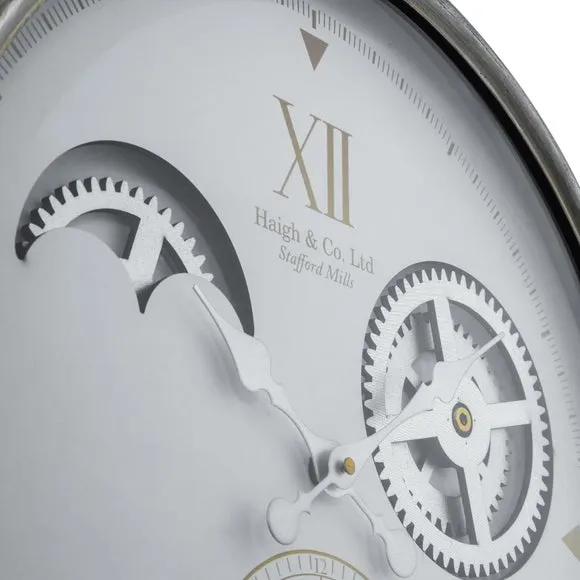 Round Wall Clock with Cog Details - White, Metal