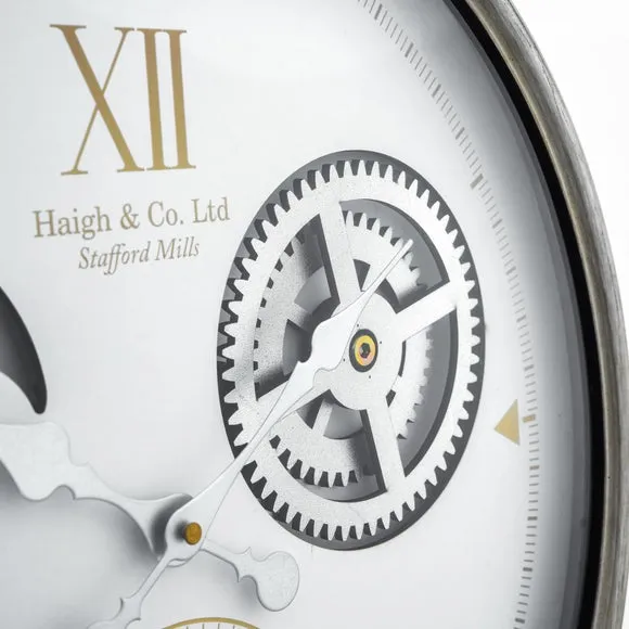Round Wall Clock with Cog Details - White, Metal