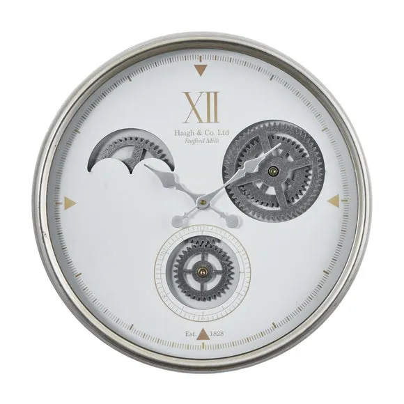 Round Wall Clock with Cog Details - White, Metal