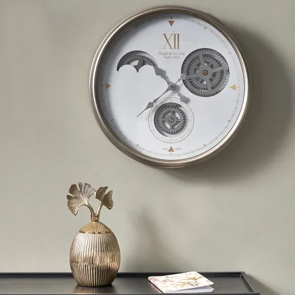 Round Wall Clock with Cog Details - White, Metal