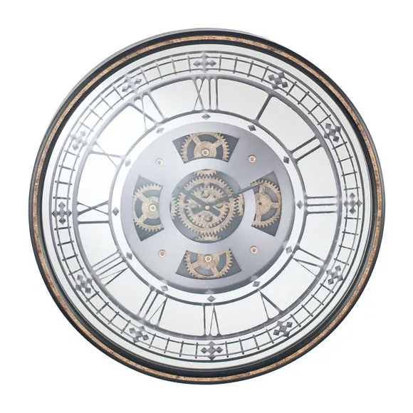 Round Wall Clock with Moving Cogs - Silver, Wood
