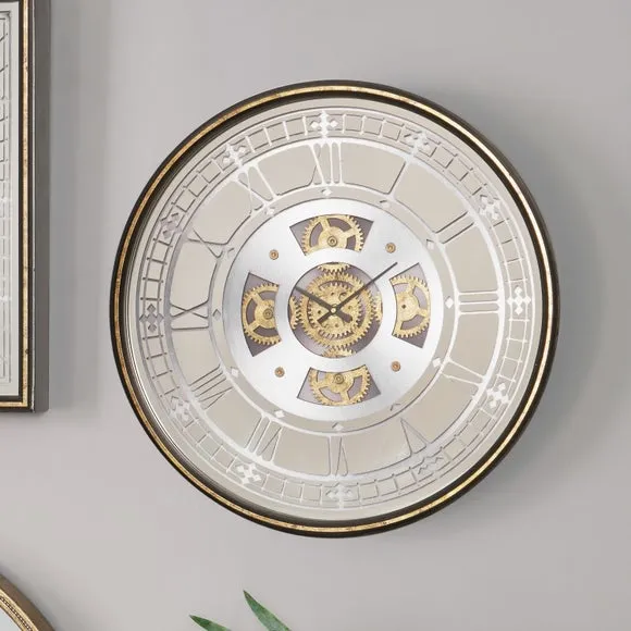 Round Wall Clock with Moving Cogs - Silver, Wood image