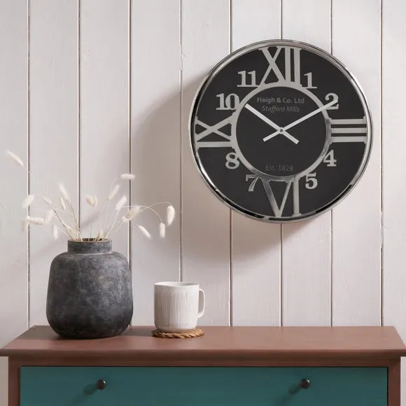 Round Wall Clock with Roman Numerals - Black, Metal image