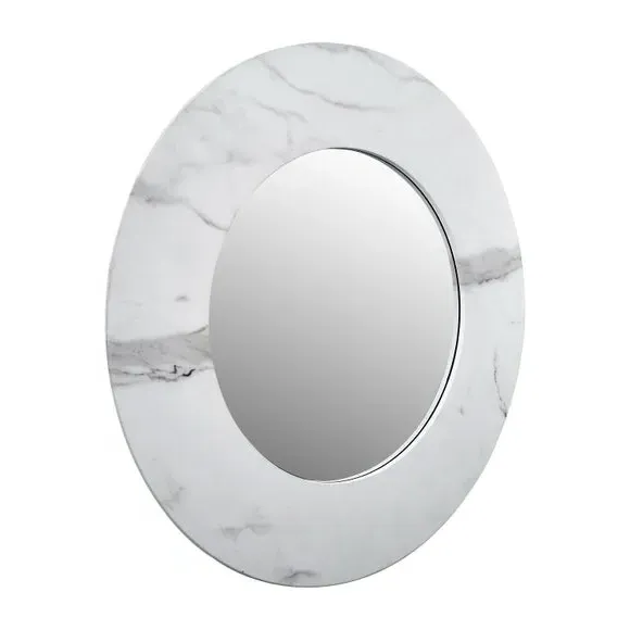 Round Wall Mirror - White, Marble Veneer