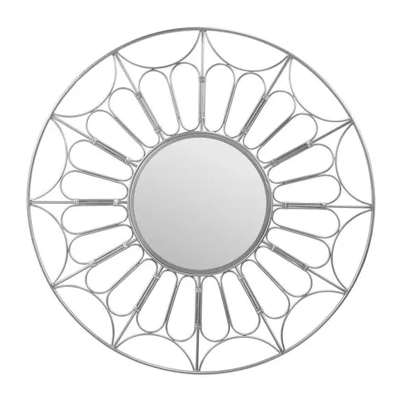Round Wall Mirror with Cane Effect - Silver, Iron