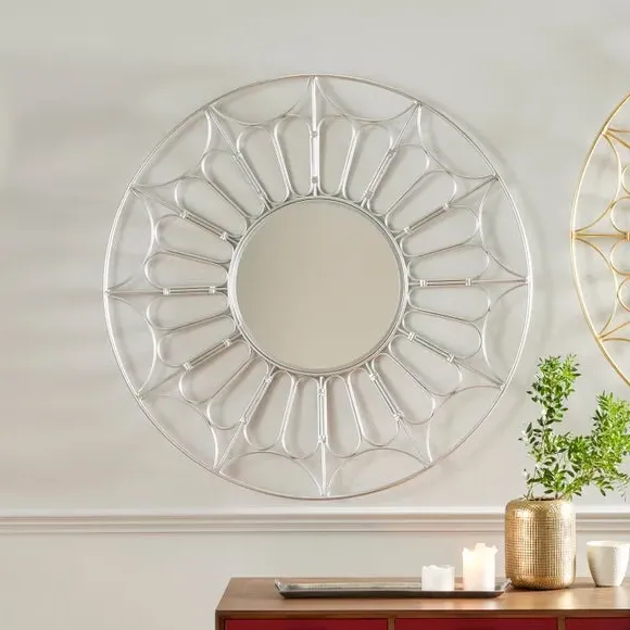 Round Wall Mirror with Cane Effect - Silver, Iron image