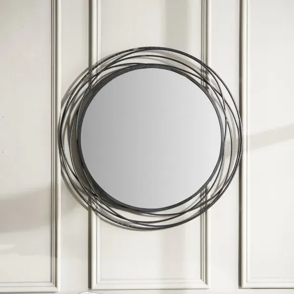 Round Wall Mirror with Swirl Design - Pewter, Metal