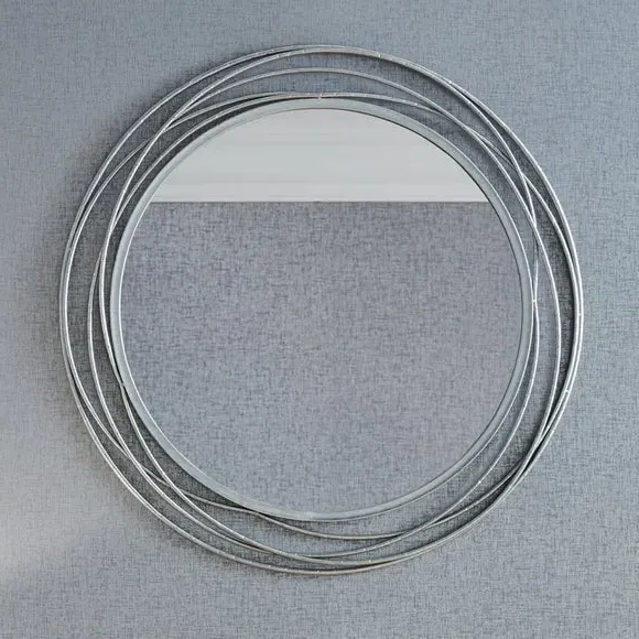 Round Wall Mirror with Swirl Design - Silver, Metal
