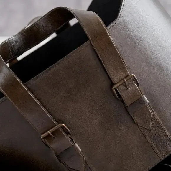 Set of 2 Storage Baskets with Handles - Brown, Leather