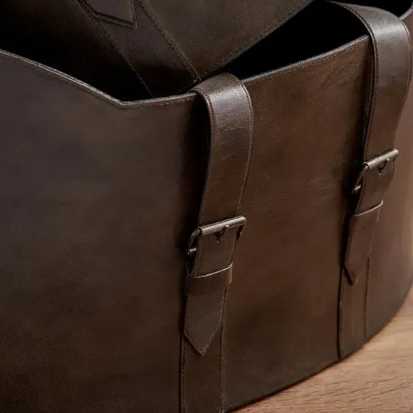 Set of 2 Storage Baskets with Handles - Brown, Leather