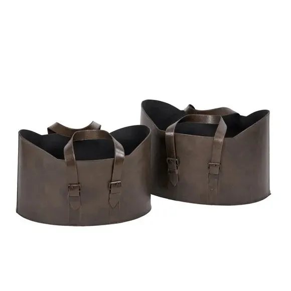 Set of 2 Storage Baskets with Handles - Brown, Leather