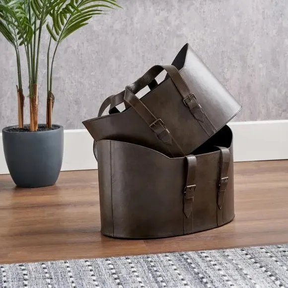 Set of 2 Storage Baskets with Handles - Brown, Leather image
