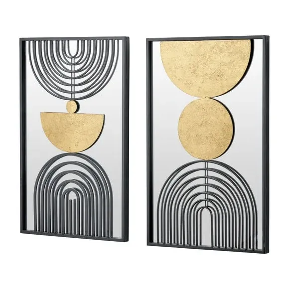 Set of 2 Wall Art with Mirror - Gold, Glass