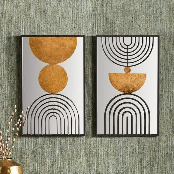Set of 2 Wall Art with Mirror - Gold, Glass image