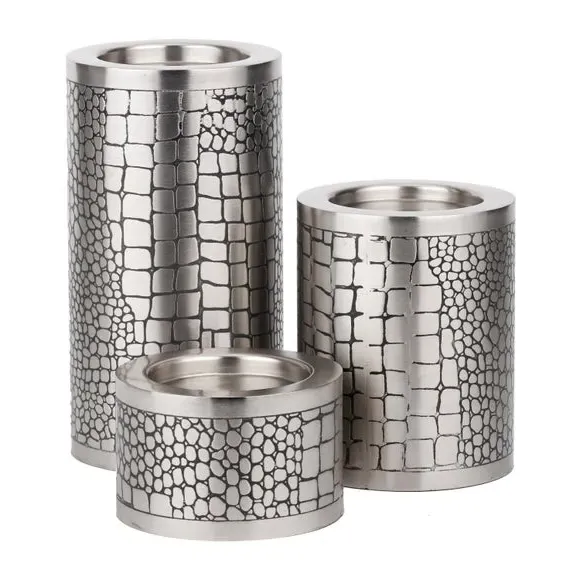 Set of 3 Candle Holders Croc Effect - Silver